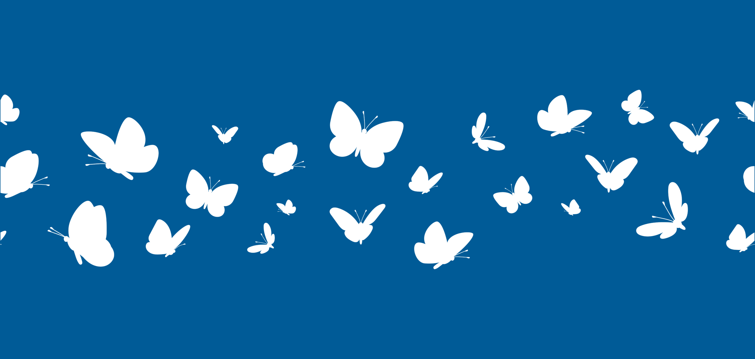 White butterflies on a blue background appear to be flying in formation across the image, creating a sense of serene movement.