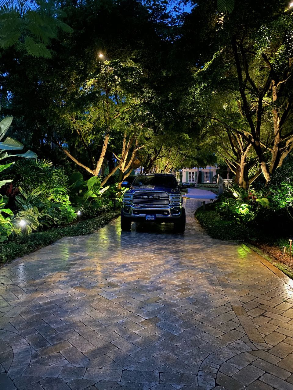 A truck is parked on a paved driveway surrounded by lush trees and plants, leading to a large house in the evening.