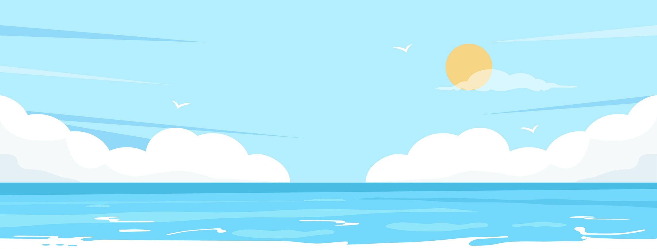 Illustration of a sunlit ocean with fluffy white clouds, seagulls flying, and the horizon visible under a bright, clear sky.