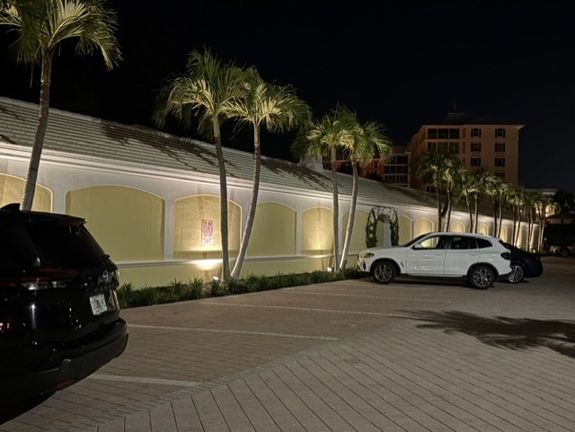 Illuminated building facade with palm trees and parked cars at night. No recognizable landmarks or historical buildings are visible. Tranquil atmosphere.
