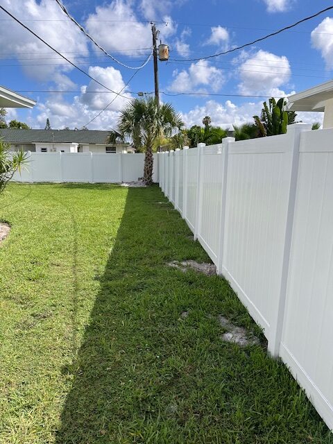A white fence runs along a narrow, grassy yard under a clear sky. Palm trees and houses are visible in the background.
